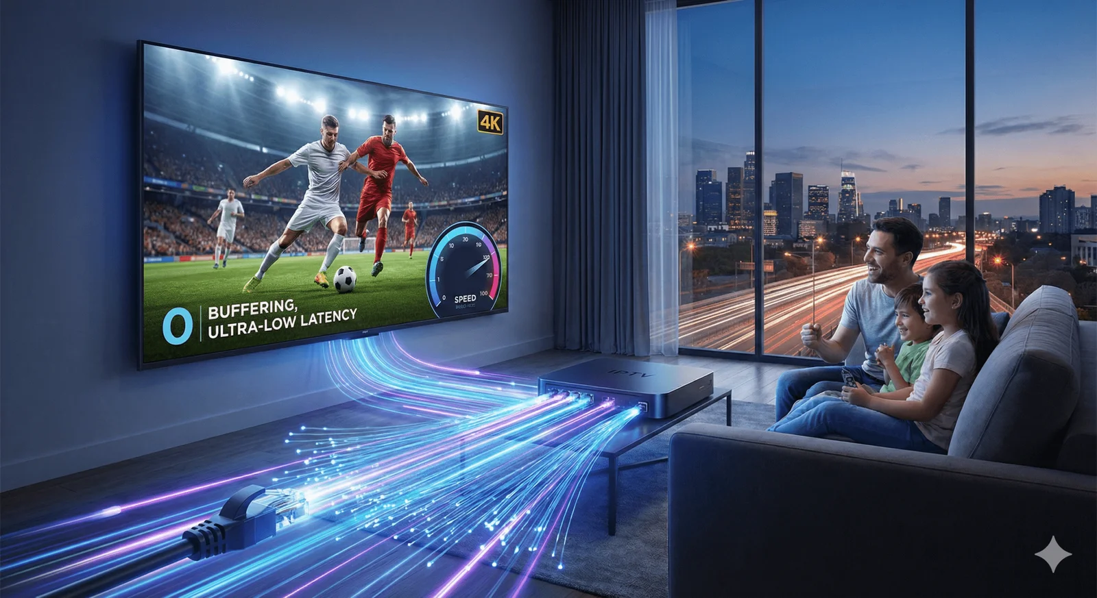 A family watching 4K live football through an IPTV subscription on their smart TV at home, with ultra-low latency and buffer-free playback